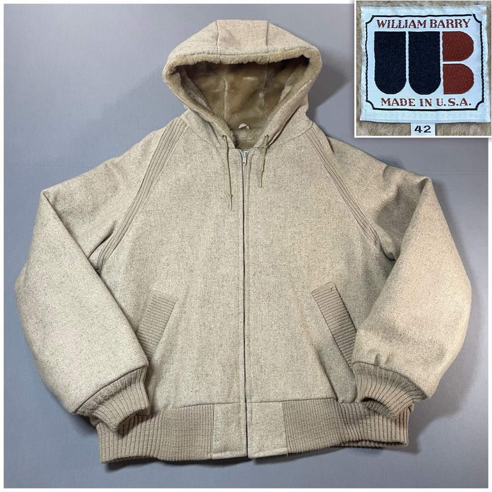 VTG William Barry Wool Faux Fur Lined Bomber-Style Jacket; Hood - Men 42 med/lrg